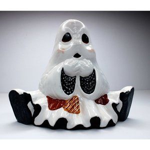 Halloween Handpainted Ceramic 8" Tall 7" Wide Ghost Patchwork Sheet Sitting Down